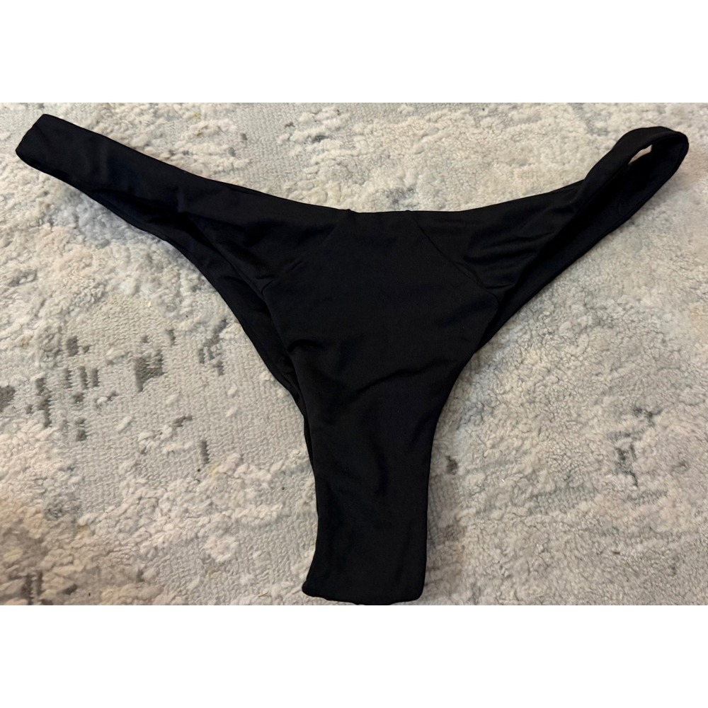 Beach Bunny Black High Leg Cheeky‎ Bikini Bottoms Gold Logo Accent Women Small